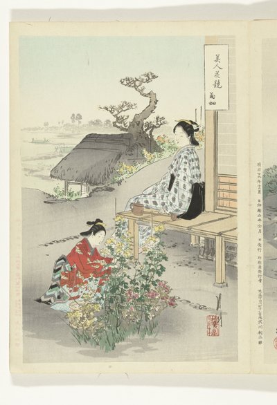 菊の世話 美人と花の対比（連載タイトル） 美人花くらべ 作： Ogata Gekko