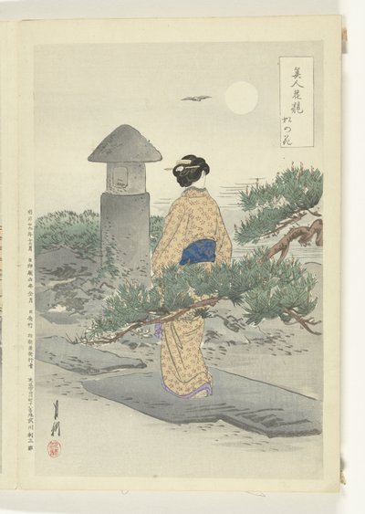 満月と松 美人と花の対比（連載タイトル） 美人花くらべ 作： Ogata Gekko
