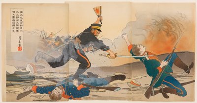 南山の戦いで柴川又三郎中尉が旭日扇を掲げ部下を率いた 作： Ogata Gessan