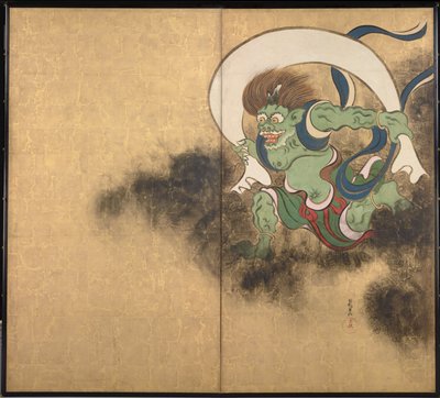 風神 2 パネル スクリーンの右部分 - 尾形光琳 (1658-1716) 作、紙に水彩、インク、18 世紀初頭、日本美術、東洋神話 - 東京国立博物館、日本 作： Ogata Korin