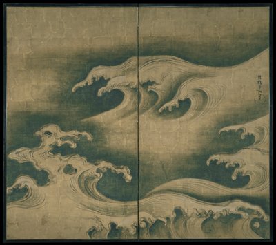 Rough Waves、2パネルのフォールディングスクリーン、c.1704-9（紙にインク、カラー、金箔） 作： Ogata Korin