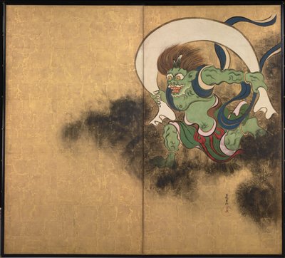 風神。 2つ折りのスクリーンの右側部分、18世紀初頭の「Wind God」と「Thunder God」。 作： Ogata Korin