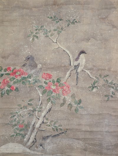 雪の中の鳥とカメリア、1700年頃（紙にインクと色） 作： Ogawa Haritsu