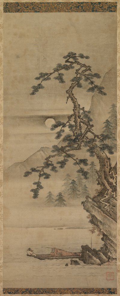 1392- 1573年、室町時代に船に乗った老人と松の木の月明かりに照らされた風景。 作： Oguri Sotan