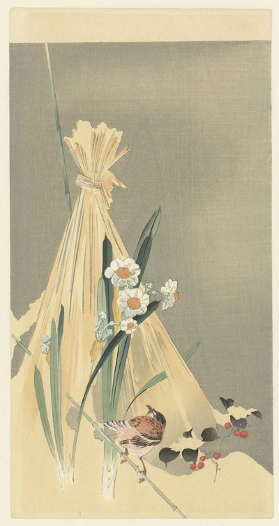 干し草の束で鳴き鳥 作： Ohara Koson (attributed to)