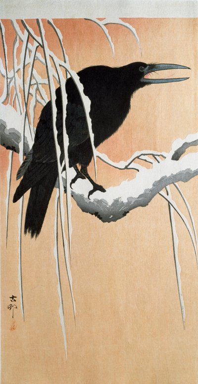 雪の枝の上の烏 キシログラフィーと大原古邨（1877-1945）の日本画プリント 1910年 個人蔵 DR 作： Ohara Koson