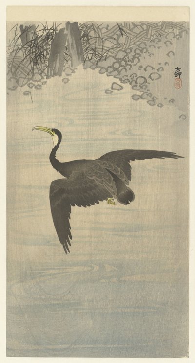 飛行中の鵜 作： Ohara Koson