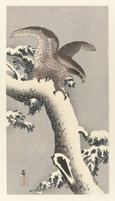雪に覆われた松の木のワシ 作： Ohara Koson