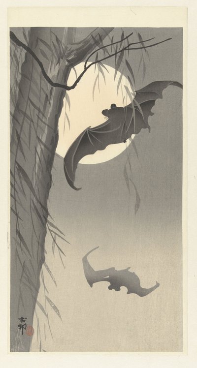 コウモリと満月 作： Ohara Koson