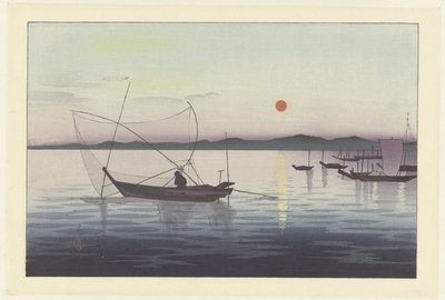 ボートと夕日。 作： Ohara Koson