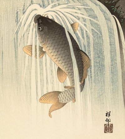 日本のアーティスト、小原古邨による滝の下の鯉 作： Ohara Koson