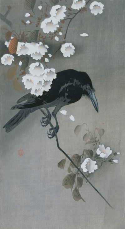 桜の枝にいるカラス 作： Ohara Koson