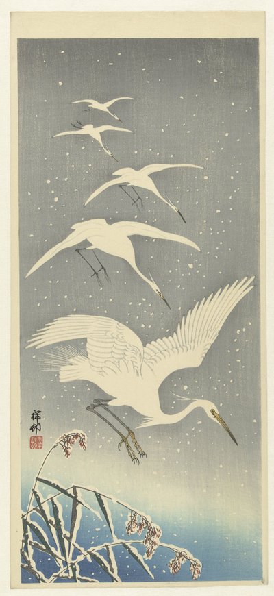 雪の中を降りる白鷺 作： Ohara Koson