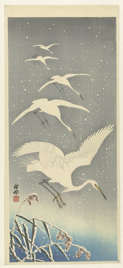雪の中を下る白鷺 作： Ohara Koson