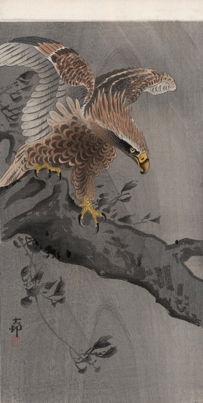 木の幹に翼を広げた鷲（カラー木版画 作： Ohara Koson