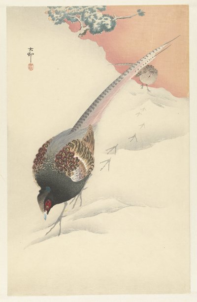 雪の中のキジの群れ 作： Ohara Koson