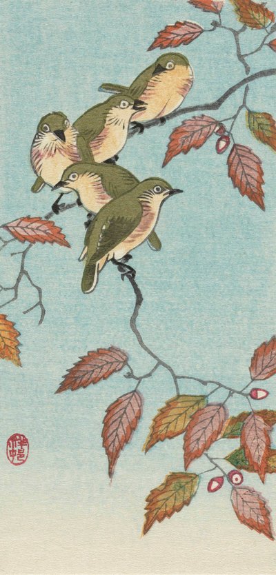 日本の芸術家、小原古邨による小枝の五羽の小鳥 作： Ohara Koson