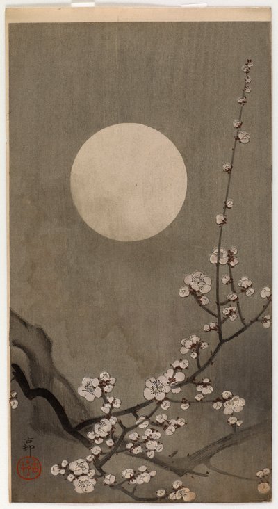 開花梅と月（カラー木版） 作： Ohara Koson
