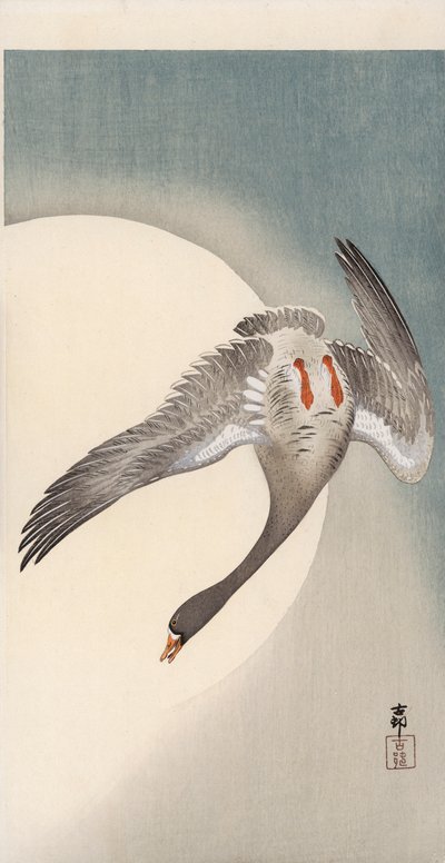 月の前で下から見たハクガン（カラー木版画 作： Ohara Koson