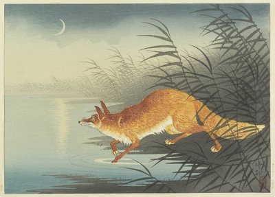 フォックスバイザムーンリットウォーター、1930年代（カラーウッドブロックプリント） 作： Ohara Koson