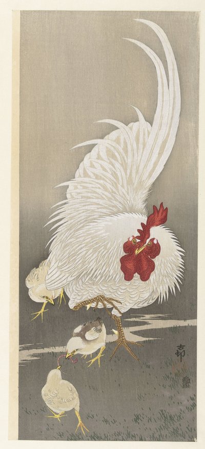 おんどりと 3 羽のひよこ 作： Ohara Koson