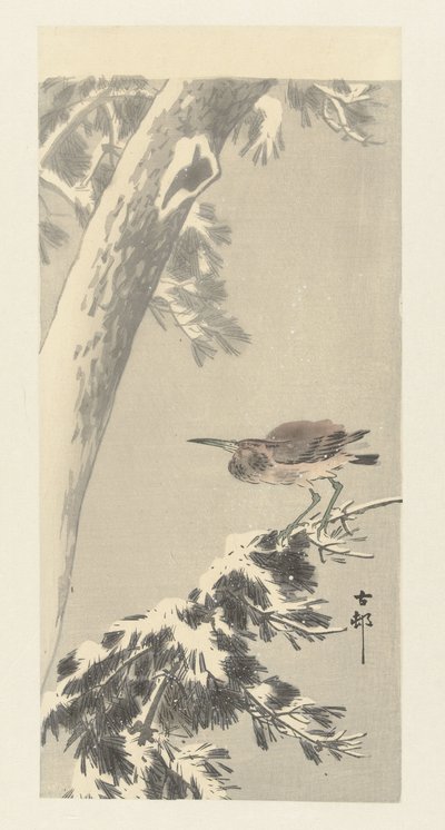 雪に覆われた木の枝にインドゴイサギ 作： Ohara Koson