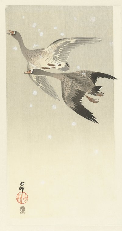雪の中を飛ぶマガン 作： Ohara Koson