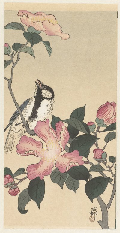 ピンクの花の枝にシジュウカラ 作： Ohara Koson