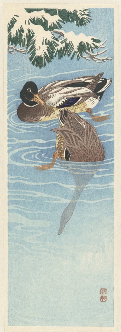 水の中の鴨の群れ 作： Ohara Koson