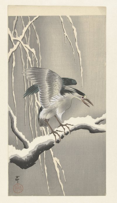 雪に覆われた枝に夜鷺 作： Ohara Koson