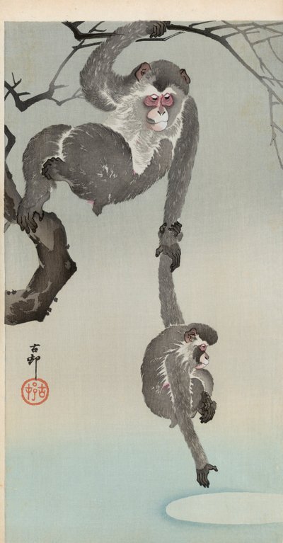 月の反射に手を伸ばすサルと赤ちゃん 作： Ohara Koson