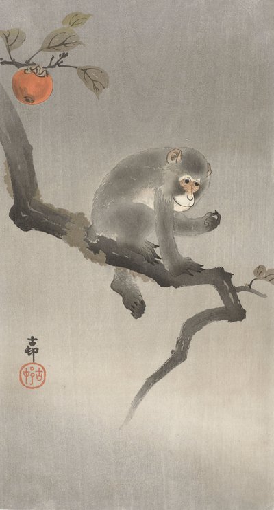 果樹の中の猿、1900〜30年（色の木版画） 作： Ohara Koson