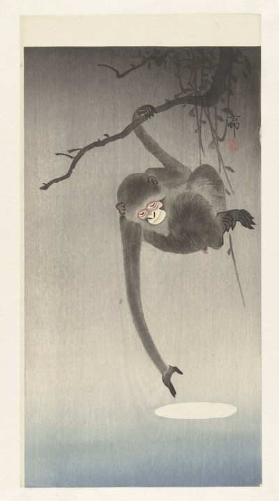 月の反射に手を伸ばす猿 作： Ohara Koson