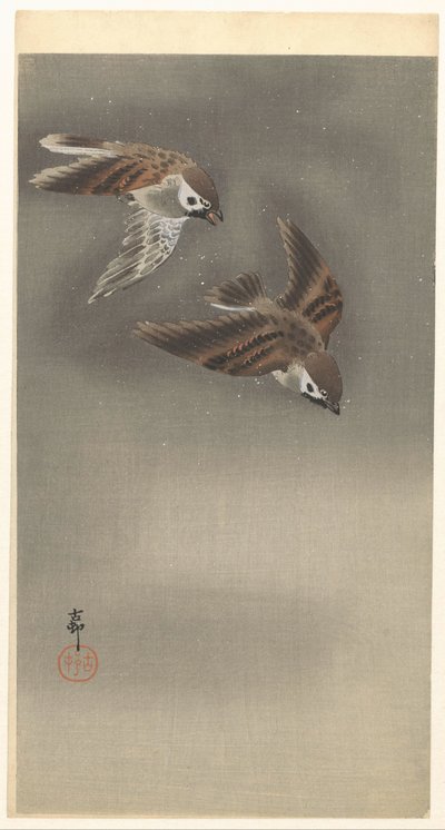 雪の中でスズメを鳴らす 作： Ohara Koson