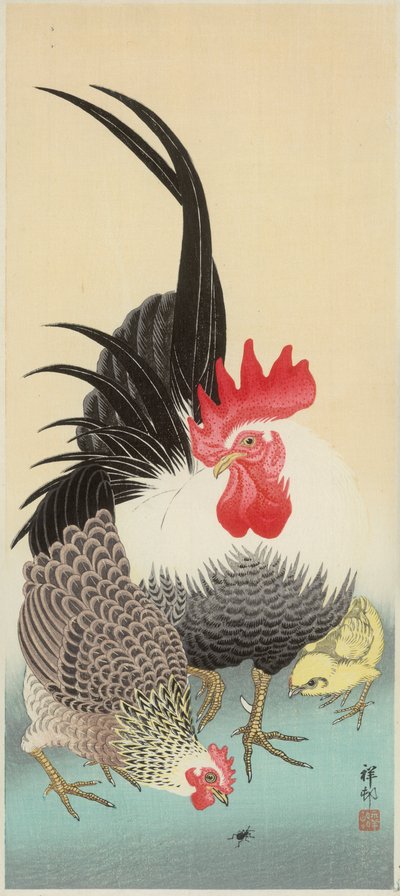 雄鶏、雌鶏、ヒヨコとアリ（カラー木版画 作： Ohara Koson