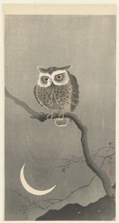 枝の上のフクロウと三日月 作： Ohara Koson