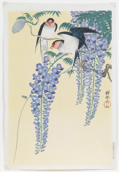 ツバメと藤 作： Ohara Koson