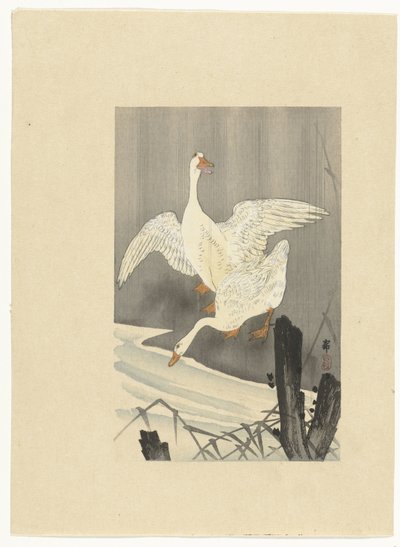 川沿いの 2 つのガチョウ 作： Ohara Koson