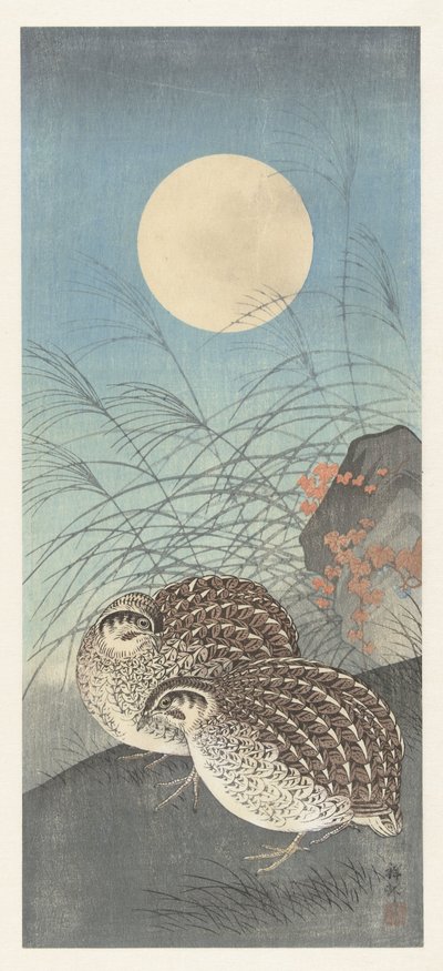 満月の 2 つのウズラ。 作： Ohara Koson