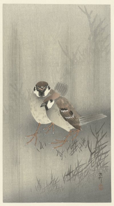雨の中の 2 つのスズメ 作： Ohara Koson