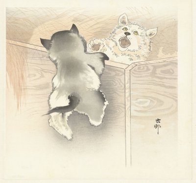 2 つの遊ぶ犬 作： Ohara Koson