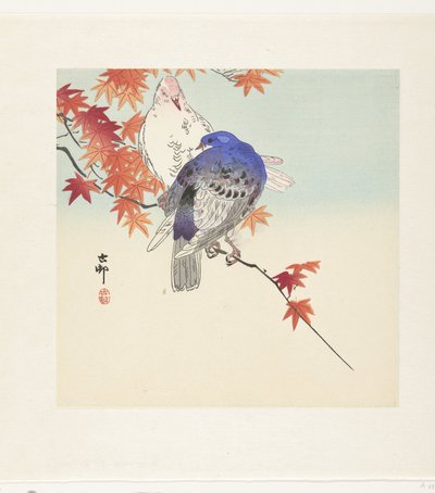 紅葉した枝の上の二羽の鳩 作： Ohara Koson