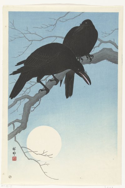 枝の上の2羽のカラス 作： Ohara Koson