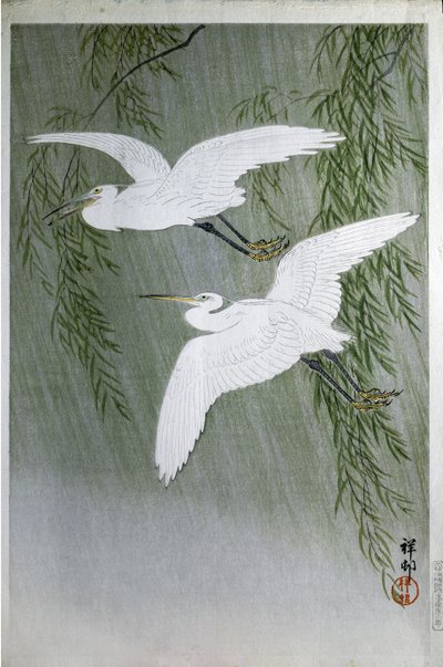 2羽のサギFlying Free、1907年（色の木版画） 作： Ohara Koson