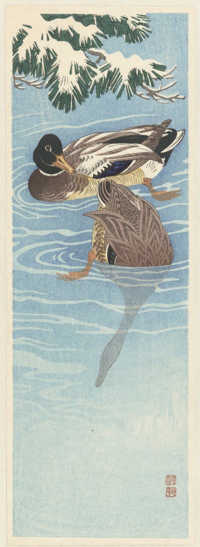 水中の2羽の野生のカモ 作： Ohara Koson