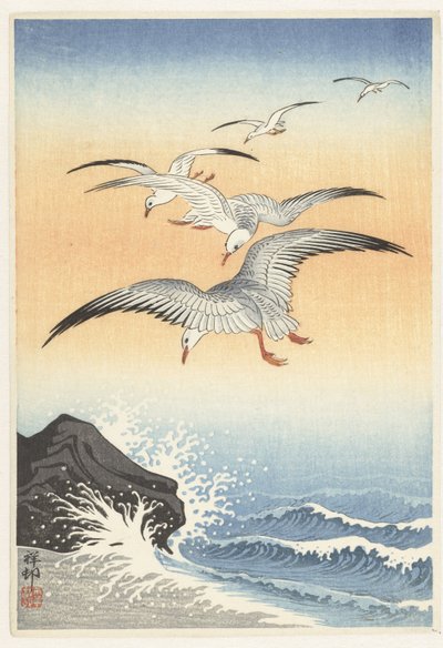 荒れ狂う海の上の 5 つのカモメ 作： Ohara Koson