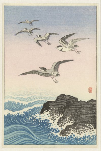 海の岩の上の 5 つのカモメ 作： Ohara Koson