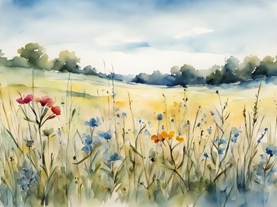 野の花畑の水彩画 作： Ohkimiko
