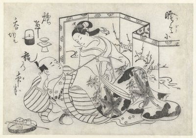 屏風前でタバコを吸う日本人男女 作： Okumura Masanobu (attributed to)