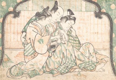 2 人の女性の間に座っている若い男性, ca. 1749年頃。 1749年。 作： Okumura Masanobu